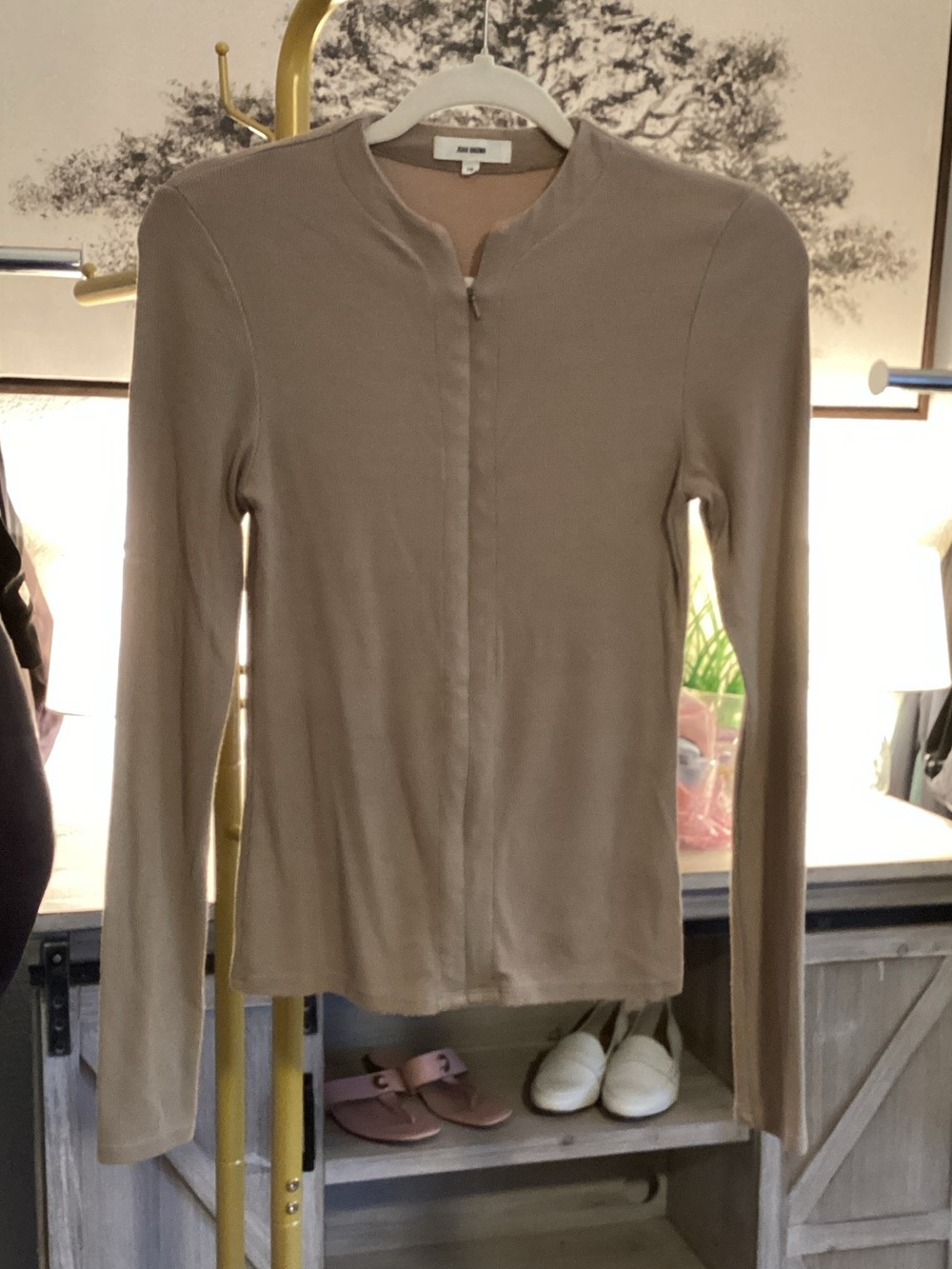 Joah Brown Taupe Long-Sleeve Zip-Front Top